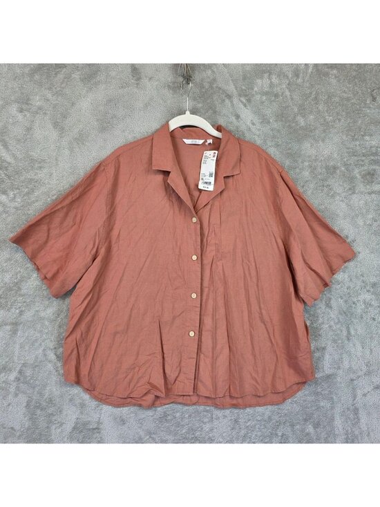 Uniqlo Tops - Uniqlo Button Up Shirt Womens XL Brown Open Collar Short Sleeve Linen Blend